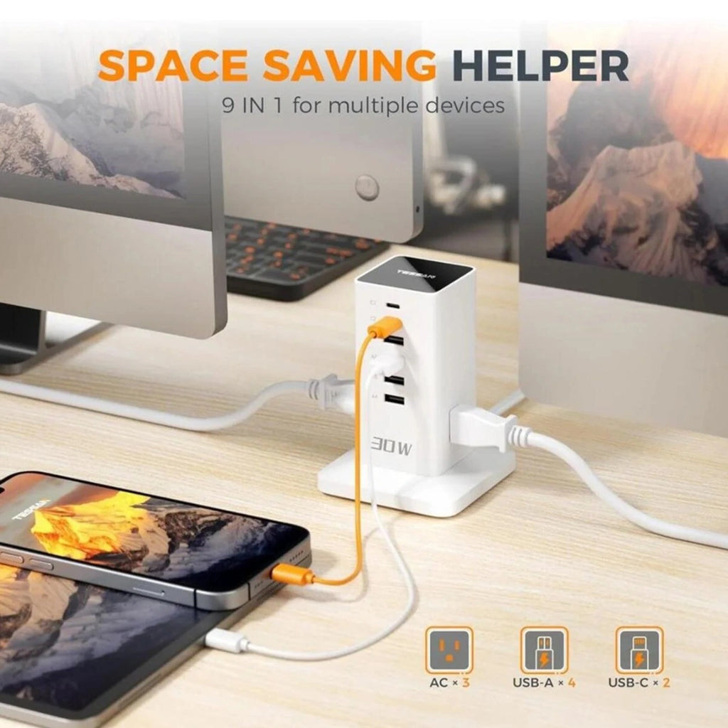TESSAN 6 IN 1 TOWER POWER STRIP 3XUSB, 3XTYPE-C 30W 2M WHITE