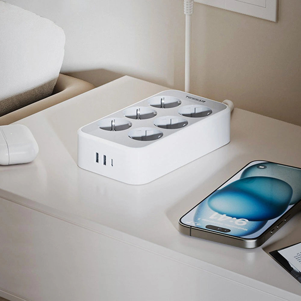 TESSAN 9 IN 1 POWER STRIP 25W 6xSCHUKO, 2xUSB, 1xTYPE-C 2M CABLE