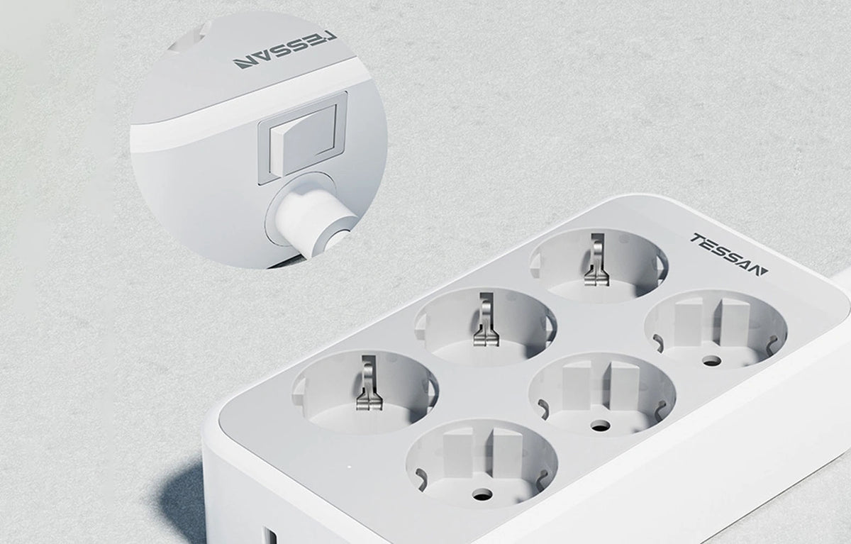 TESSAN 9 IN 1 POWER STRIP 25W 6xSCHUKO, 2xUSB, 1xTYPE-C 2M CABLE