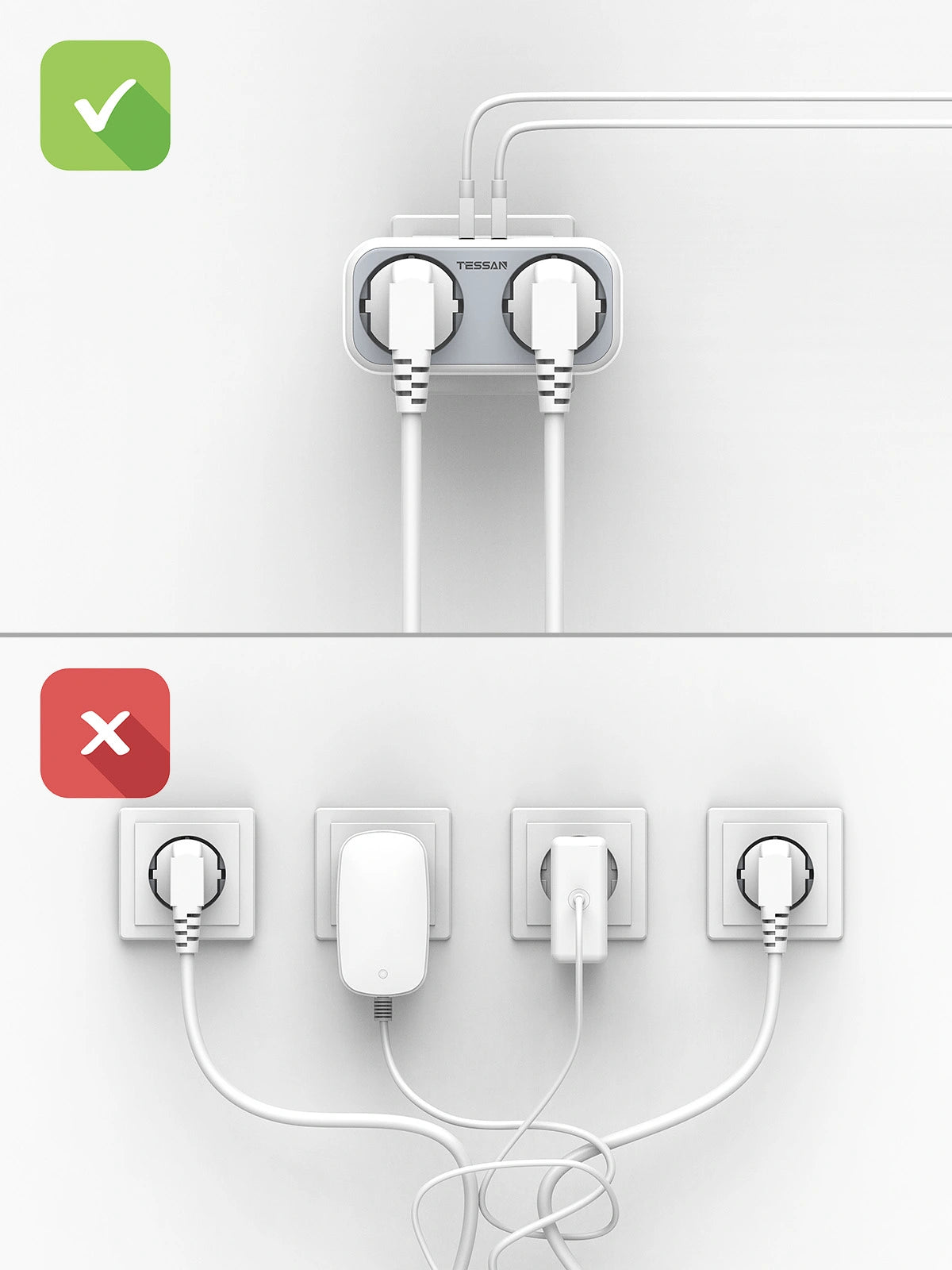 TESSAN 4 IN 1 WALL SOCKET 2xSCHUKO, 1xTYPE-C,1xUSB