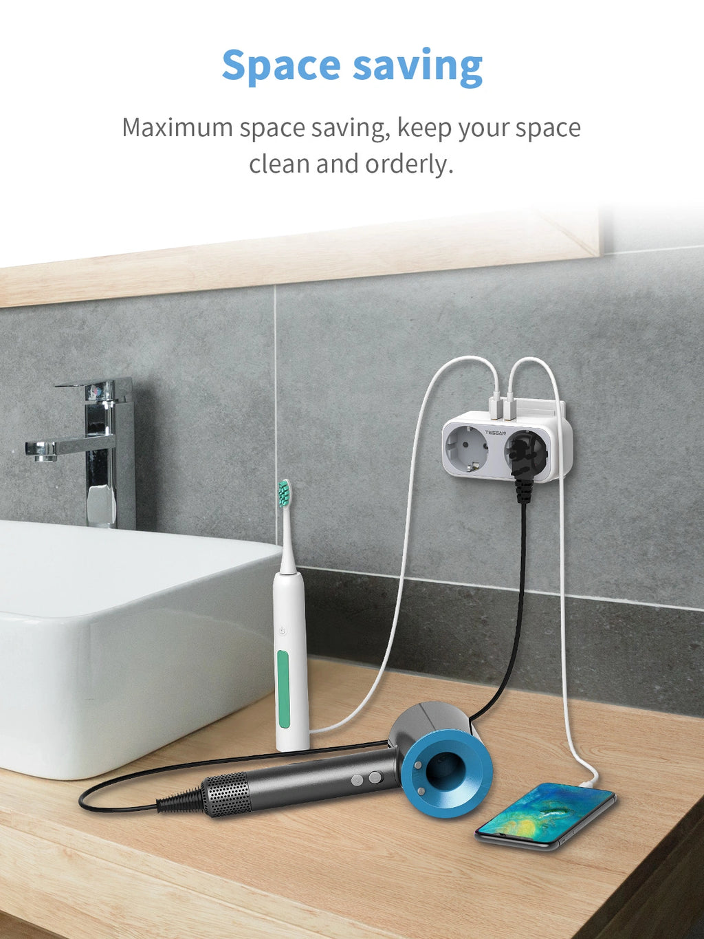 TESSAN 4 IN 1 WALL SOCKET 2xSCHUKO, 1xTYPE-C,1xUSB